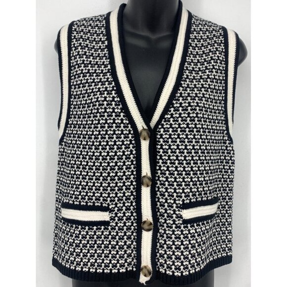 Ann Taylor Womens Knit Sweater Vest Black White Sleeveless Medium V-Neck NWT New - Picture 2 of 10